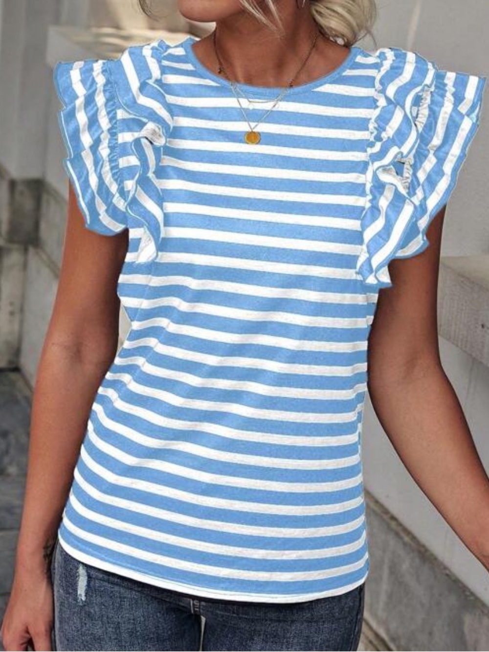 Everyday Casual Striped Ruffle Sleeve Top